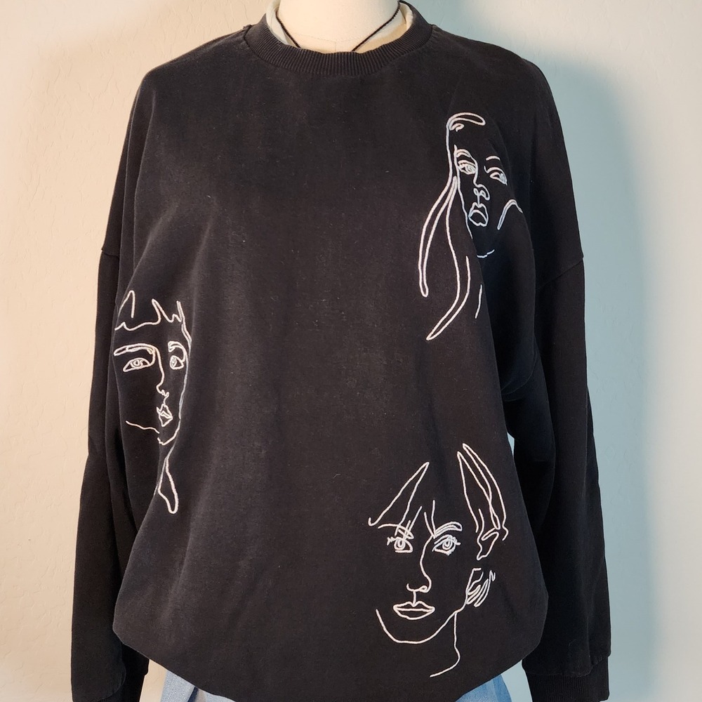 Topshop Tea and Cake Black‎ Crew Neck Sweatshirt with Faces Print Oversized UK L